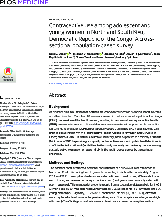 Contraceptive Use Among Adolescent and Young Women in North and South Kivu, Democratic Republic of the Congo: A crosssectional population-based survey